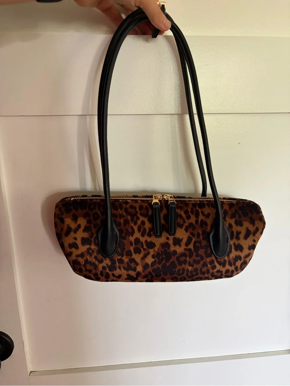 H&M Leopard Print Shoulder Bag with Black Straps and Gold Hardware
